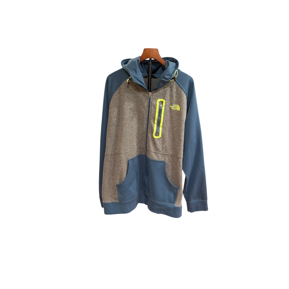 The North Face Mens Full Zip Hoodie Grey Blue Neon Yellow Logo Fleece Jacket